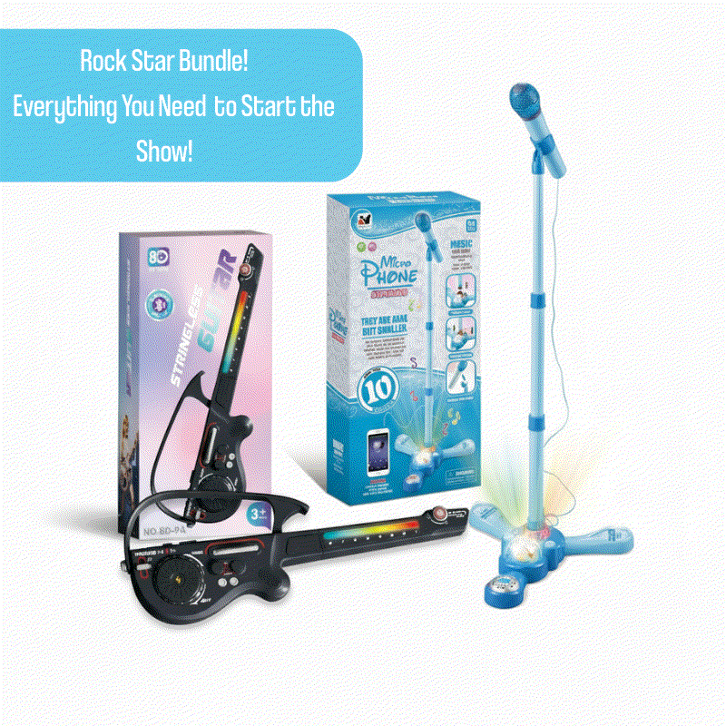 Complete Karaoke Mic Set with LED stand and toy guitar bundle for kids' musical fun