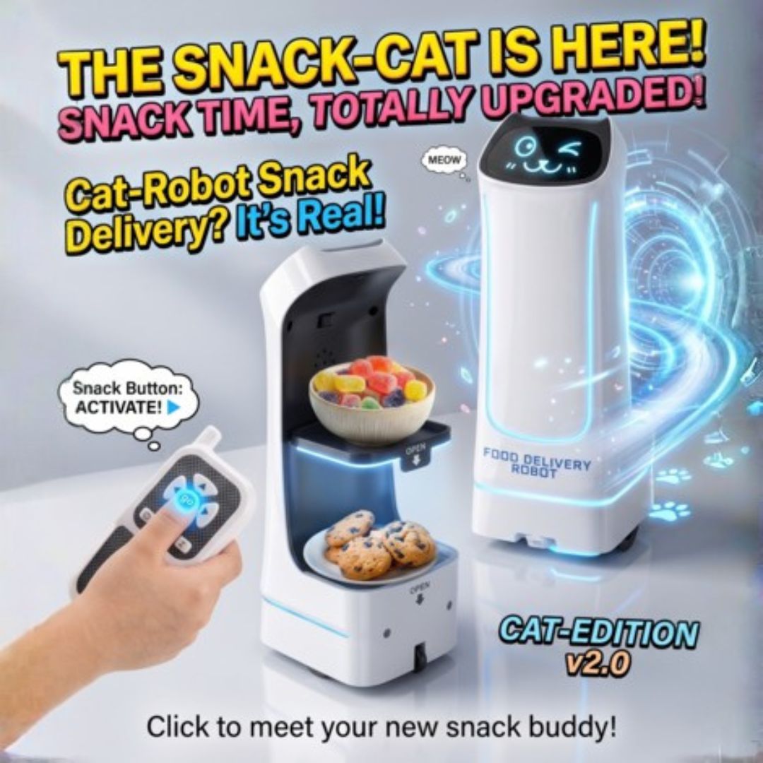 SnackBot Delivery Robo-Kitty toy with rolling wheels, LED cat-face, remote control, and sound effects for kids ages 3+