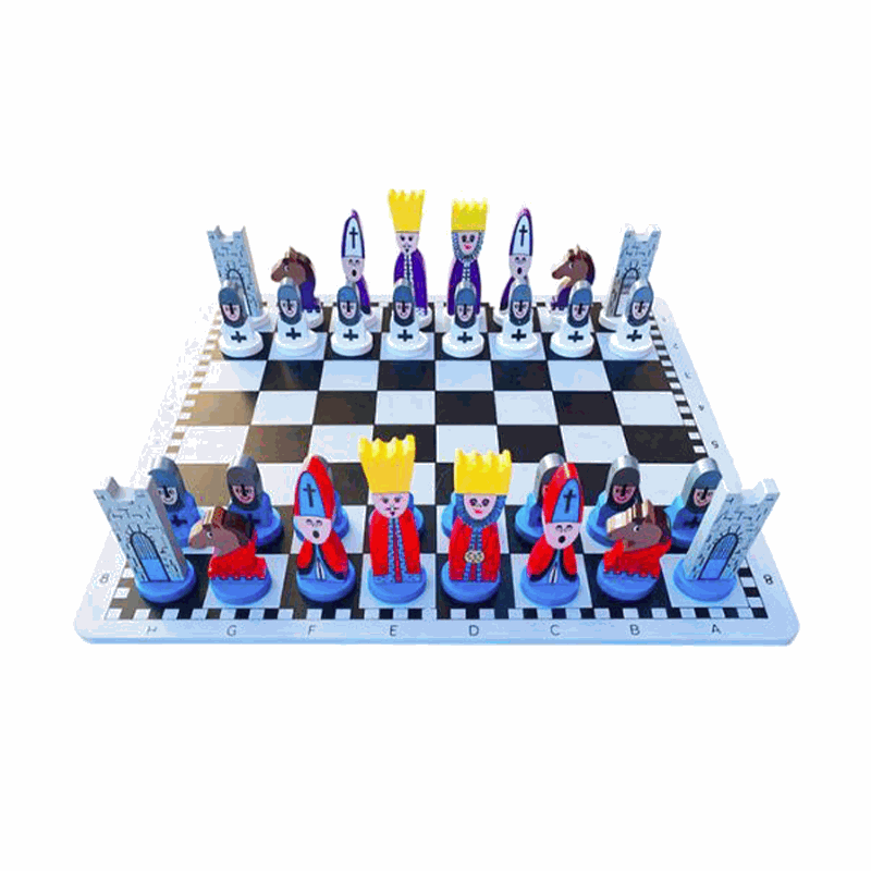 Educational wooden cartoon chess set for kids with colorful, playful pieces on a labeled chessboard